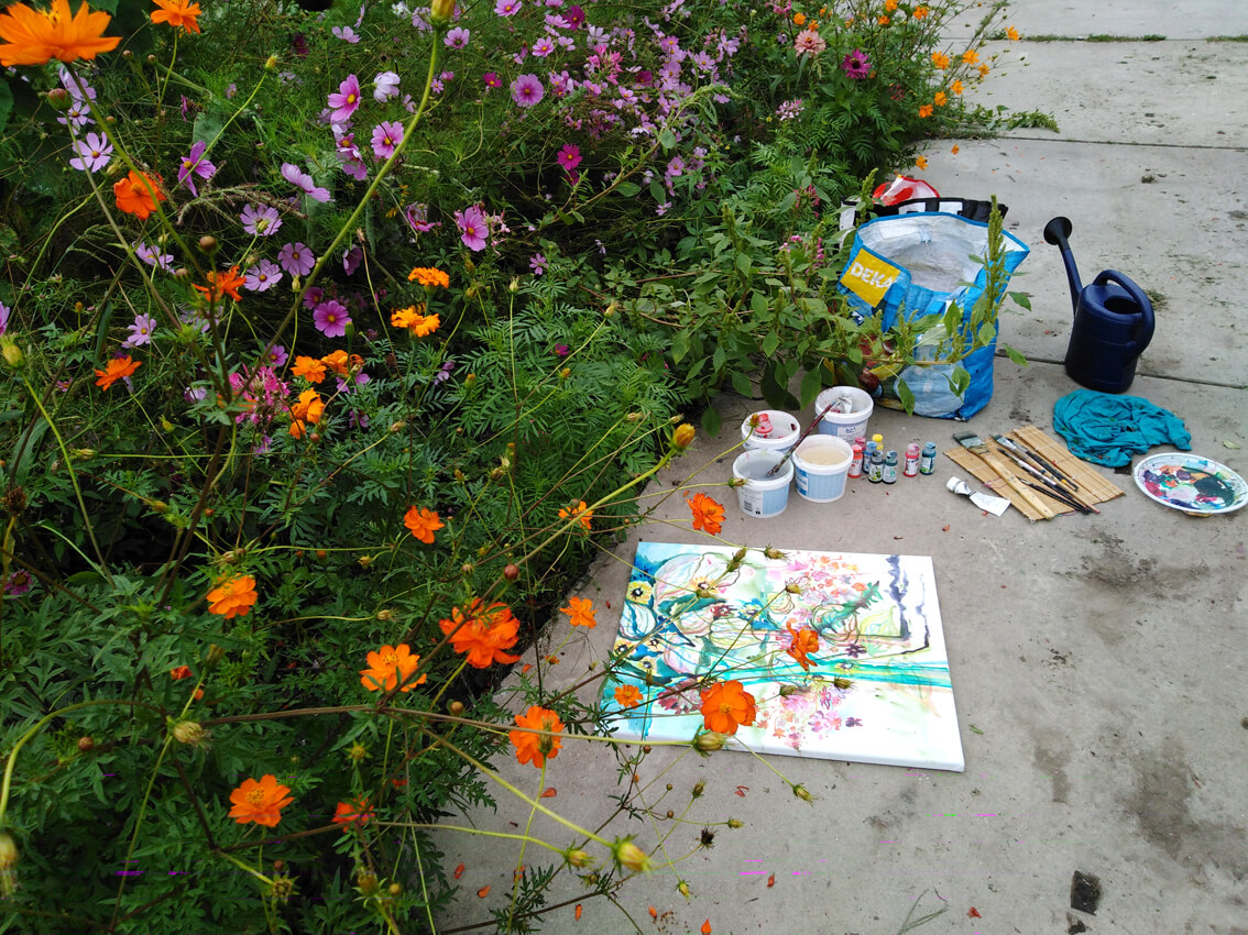 flowergarden flower garden enpleinair geazwart painting