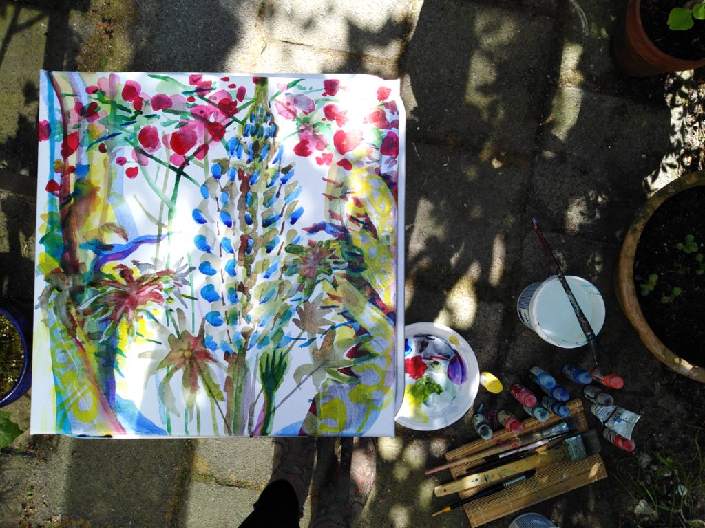 besloten feest lupine rozen enpleinair geazwart schilderkunst painting garden tuin makingof