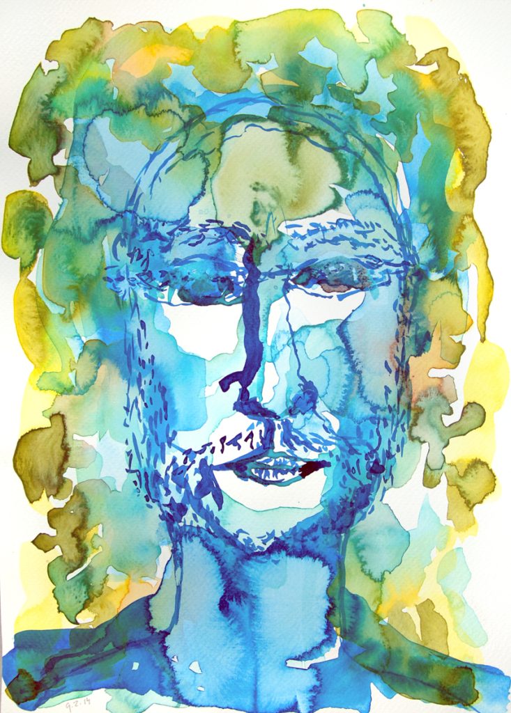 man met baard geazwart aquarel watercolor inkdrawing inkttekening verkocht