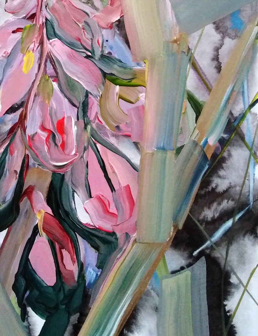 Forsythia Winter En Plein Air February 2023 painting on panel Gea Zwart detail