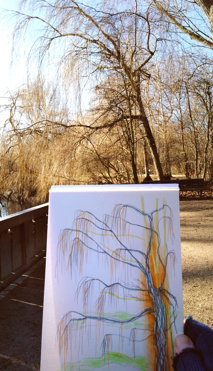 Winter En Plein Air, winterlicht, boom, Wilg, Vondelpark, Gea Zwart 7 februari 2023 making of