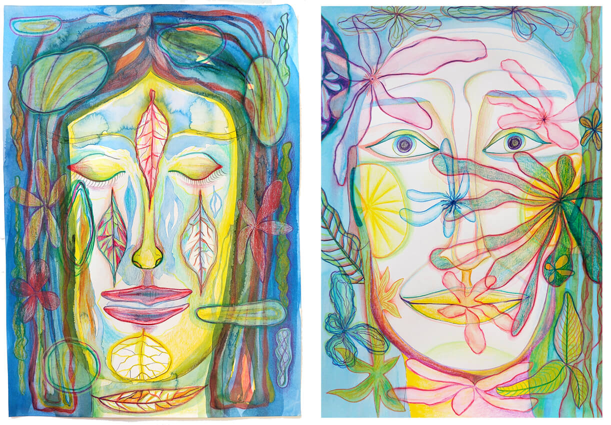 Drawings FACES, the inner self shown in 5 layered drawings, by Gea Zwart 2023, 2024. Are produced as a print, for sale in the Printstore on the website.