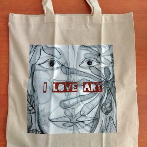 Linnen tasje, I Love Art, Gea Zwart 2024, Faces no. 5 zwartwit